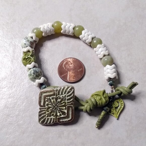 Owl Bracelet! Easy Close Button Closure! 3 Wise Owls! Fire Agates + Stone Beads - Picture 1 of 10